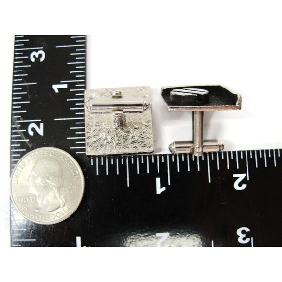 Flat Black Enamel Square Circle Line Centers Cufflinks Silver Tone Shirt Vtg - Picture 6 of 8